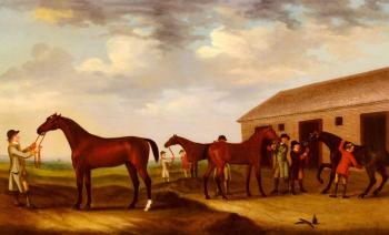 Four Racehorses Outside The Rubbing Down House Newmarket